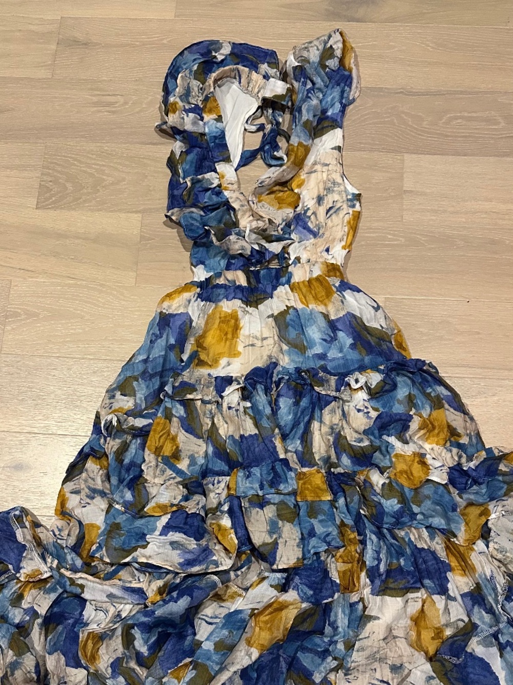 blue mustard and white midi in front and maxi in back open back dress